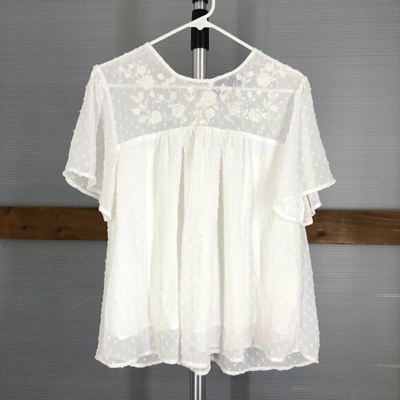 BLUE‎ RAIN  White Emboridered Textured  Flowy Lightly Sheer S/S Blouse Sz L - Picture 1 of 9